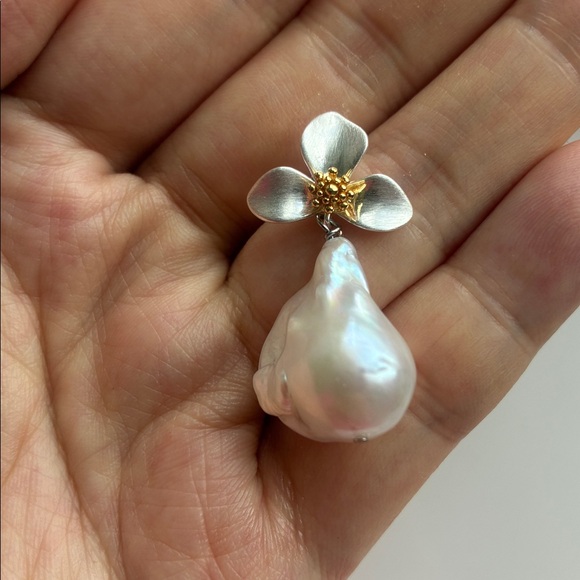 Floral Pearl Drop Earrings in Silver and Gold - Picture 3 of 8